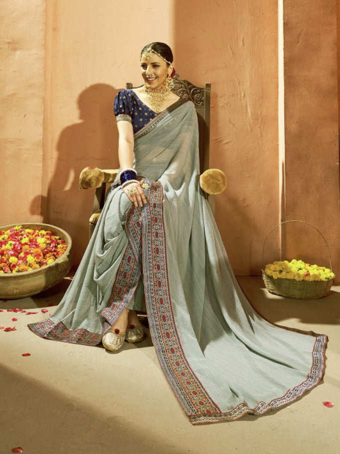 Pure Gray Georgette Saree for Women | Zari Woven Border