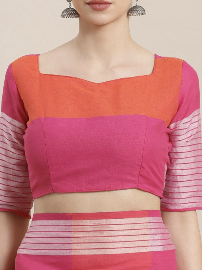 Pink and Orange Silk Cotton Saree for Women | Checked Design with Woven Border and Tassels