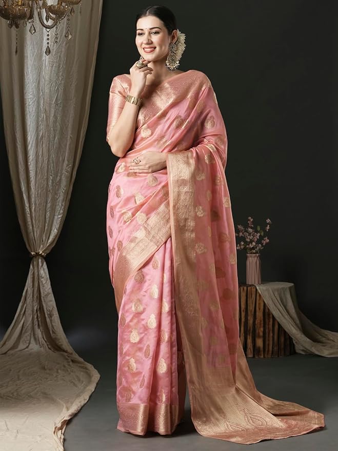 Organza Saree for Women | Zari Woven Ethnic Motif Design | Pink with Banarasi Silk Blouse