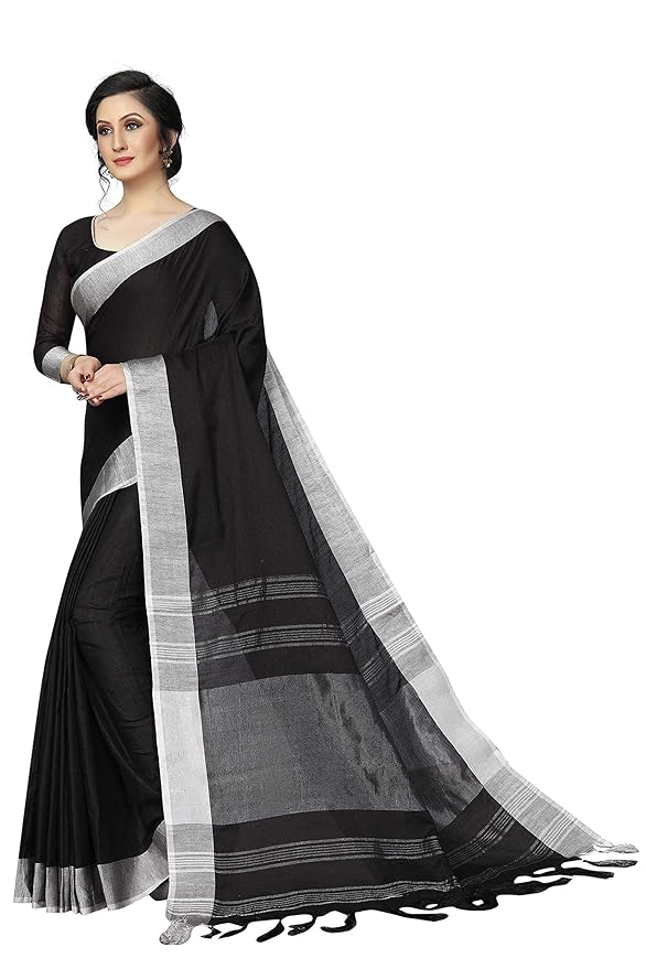Linen Silk Blend Saree for Women | Self Print with Zari Detail | Black with Blouse Piece