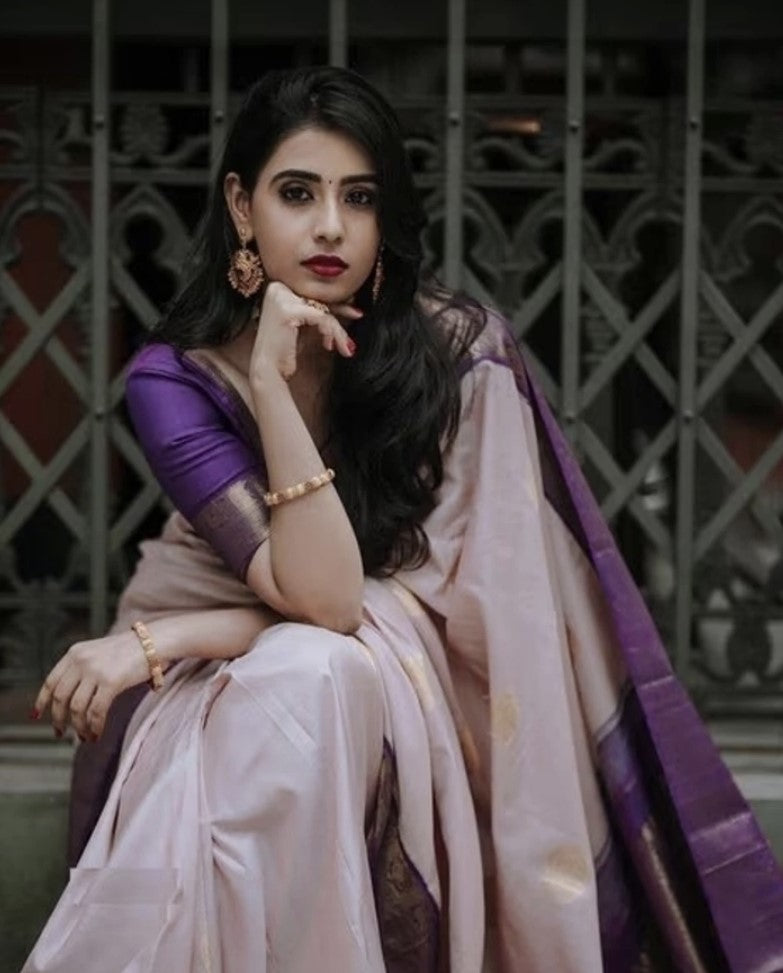 Purple Kanjivaram Silk Saree for Women | Zari Woven Design with Gold Border