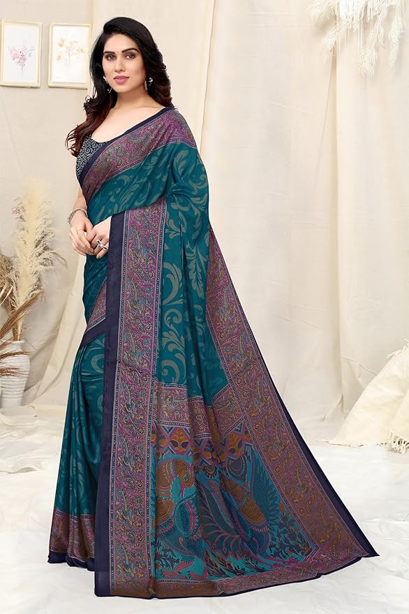Printed Chiffon Saree for Women | Contrast Border | Peacock Pallu