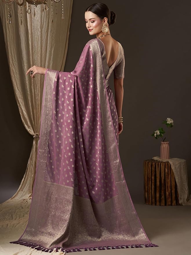 Georgette Saree for Women | Zari Border with Woven Ethnic Motif | Mauve