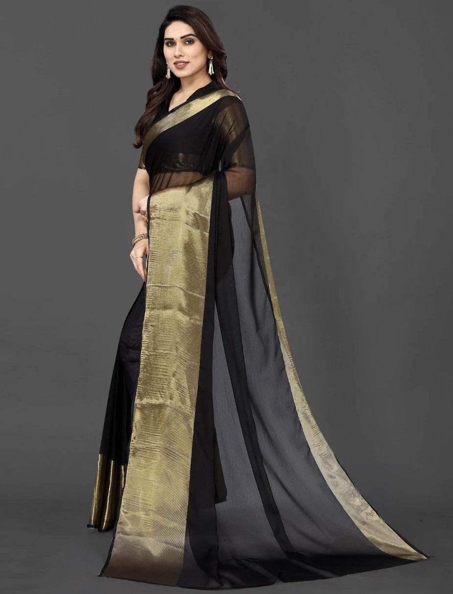 Black Chiffon Saree for Women | Golden Patta Striped Design