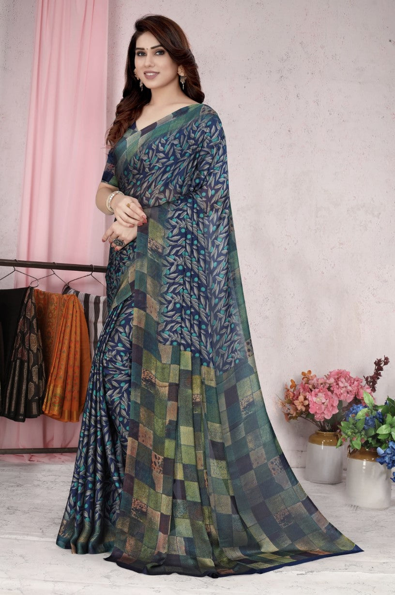 Dark Blue Chiffon Saree for Women | Botanical Printed Design