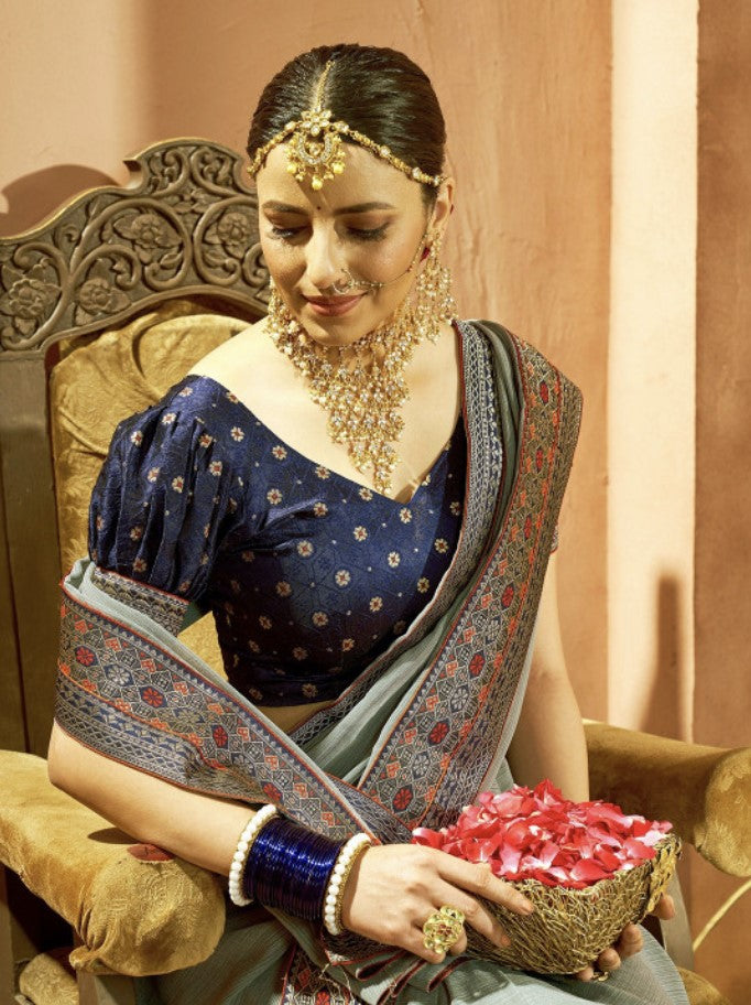Pure Gray Georgette Saree for Women | Zari Woven Border