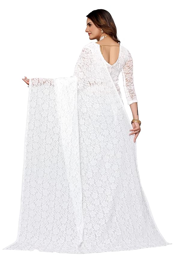 Net Saree for Women | Floral Lace Design | With Blouse Piece