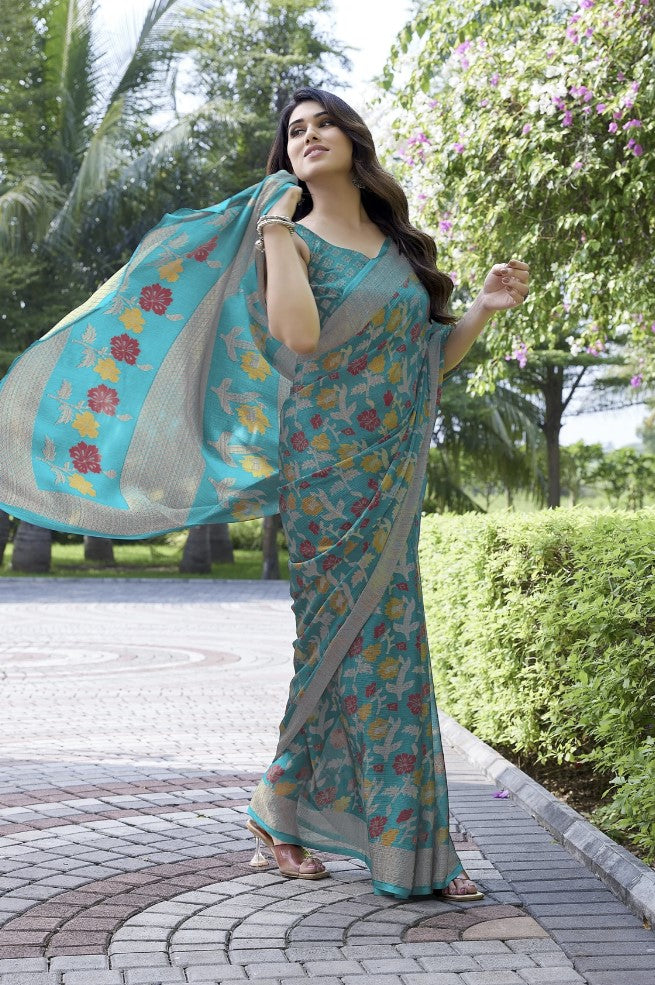 Light Blue Chiffon Saree for Women | Floral Printed Design