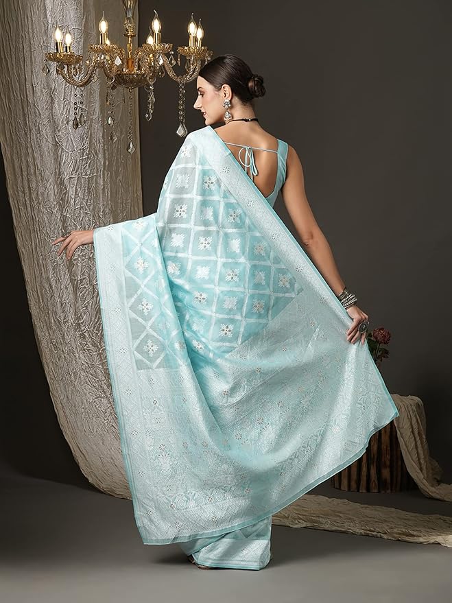 Cotton Silk Saree for Women | Woven Striped Design | Blue color with Matching Blouse
