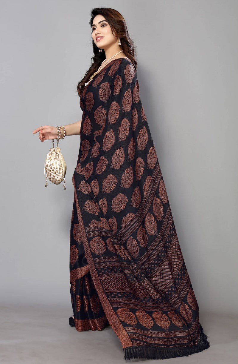 Black Chiffon Georgette Saree for Women | Floral Block Print Design