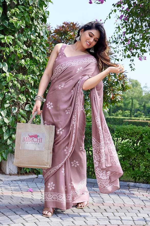 Printed Chiffon Saree for Women | Batik Block Print Design | Pink and White