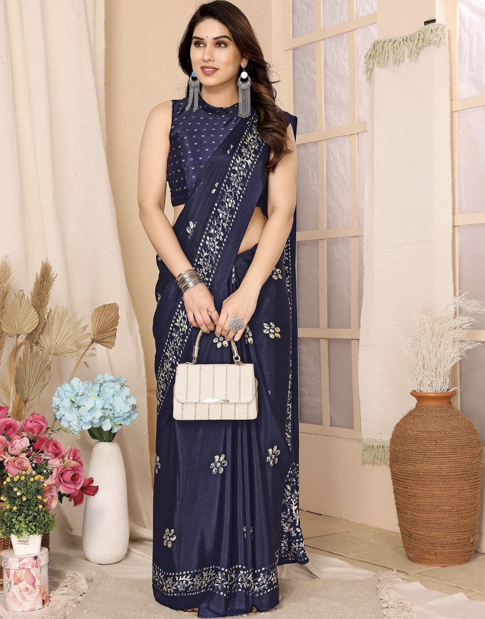 Pink Tussar Silk Saree for Women | Floral Printed Bollywood Style with Brocade Detail