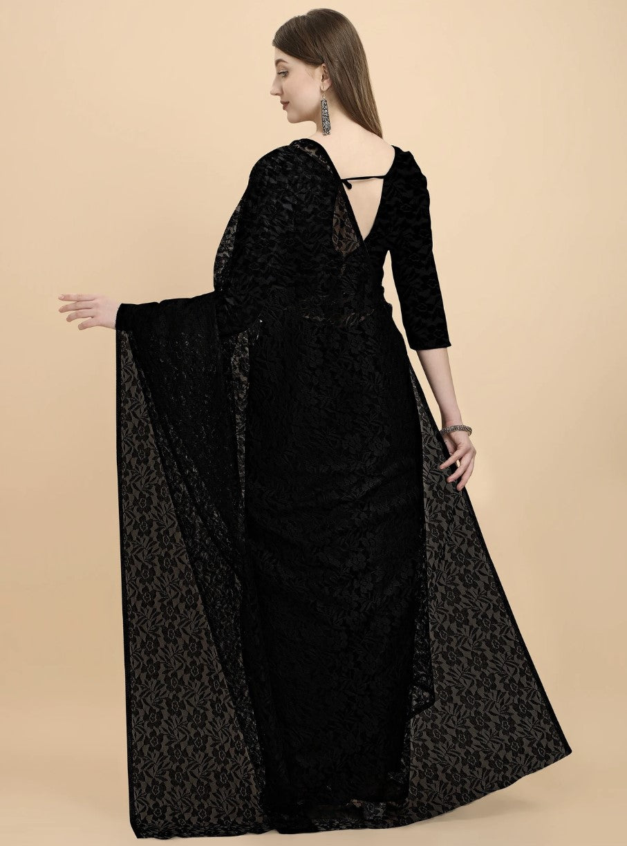 Black Net Saree for Women | Embellished Floral Patter with Net Blouse Piece