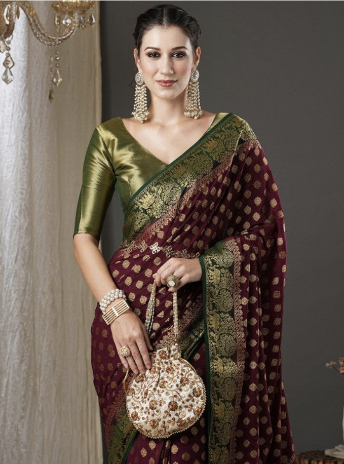 Kanjeevaram Pure Georgette Saree for Women | Burgundy and Green