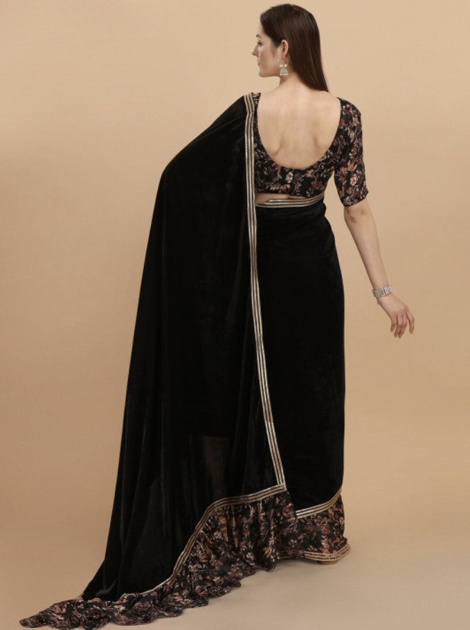 Black Velvet Saree for Women | Floral Print with Gotta Patti Work