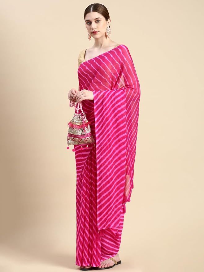 Chiffon Saree for Women | Printed Striped Design with Tassels | Rani Pink
