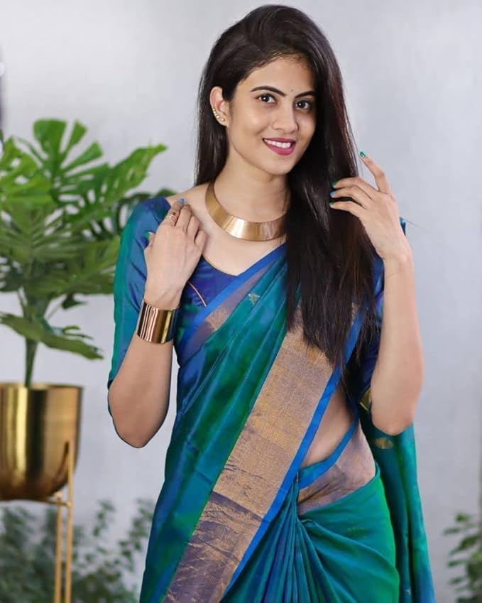 Kanjivaram Soft Silk Saree for Women | Zari Wove | Bottle Green Blue
