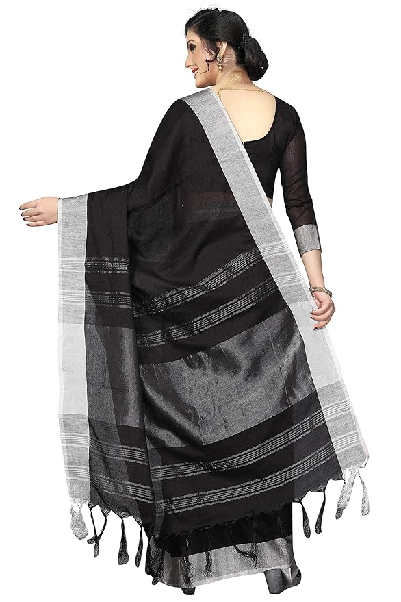 Linen Silk Blend Saree for Women | Self Print with Zari Detail | Black with Blouse Piece