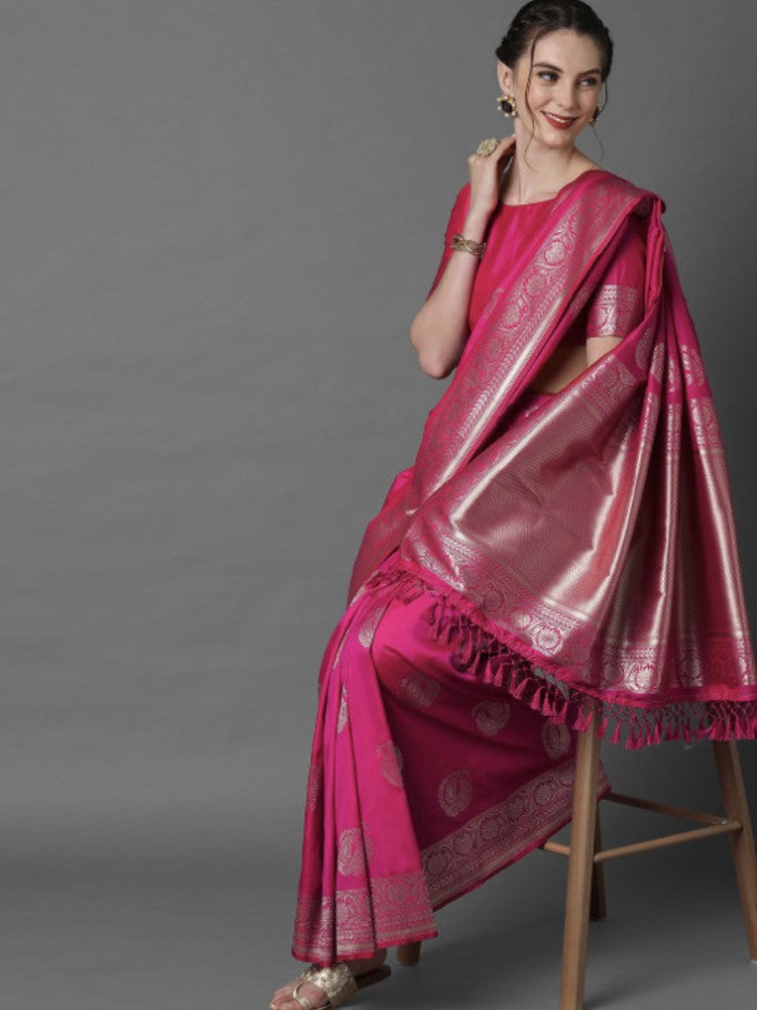 Banarasi Silk Blend Saree for Women | Pink and Silver | Paisley Woven Design