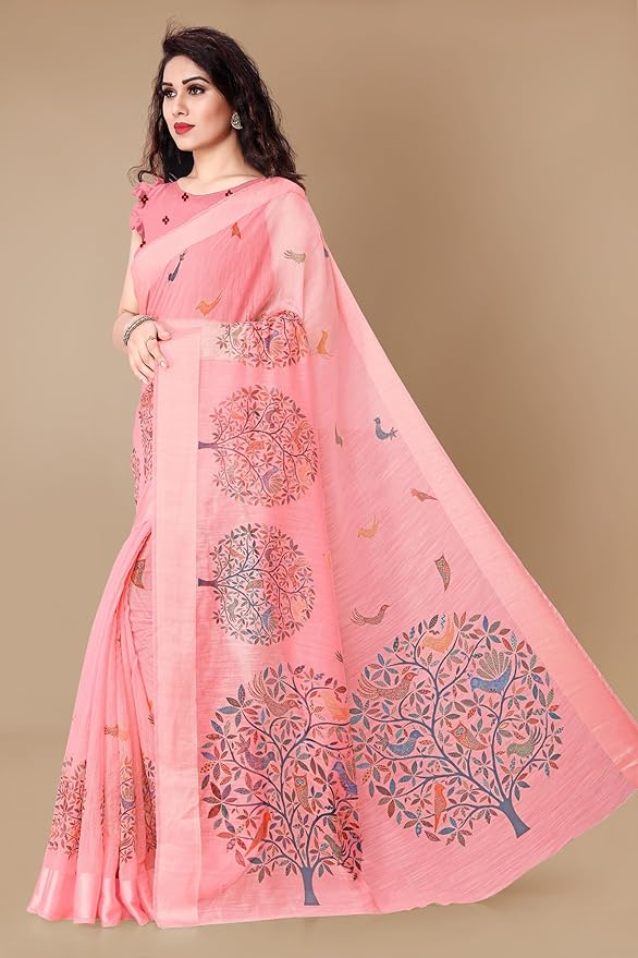Cotton Blend Saree for Women | Madhubani Forest Print with Satin Woven Border | Light Coral