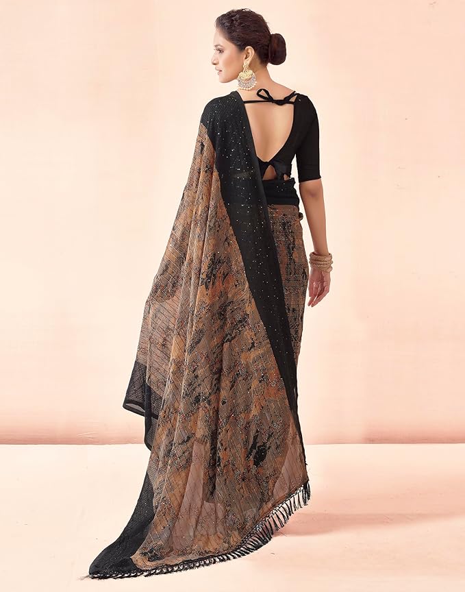 Georgette Saree for Women | Printed Sequence Work | Black with Banglori Silk Blouse