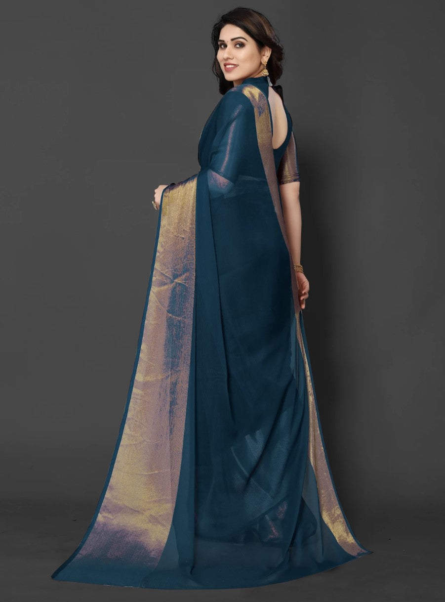 Peacock Blue Chiffon Saree for Women | Golden Patta Striped Design