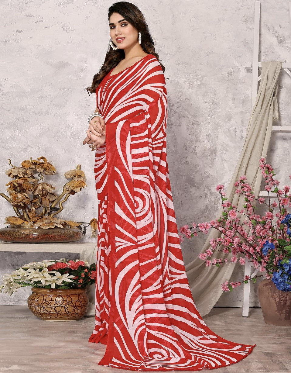 Red and White Georgette Saree for Women | Floral and Geometric Printed Design