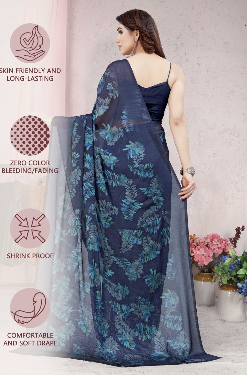 Blue Chiffon Saree for Women | Floral Printed Design with Chiffon Blouse Piece