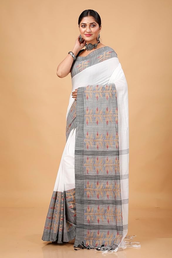 Begampuri Handloom Cotton Saree for Women | Traditional Weave | White with Blouse Piece