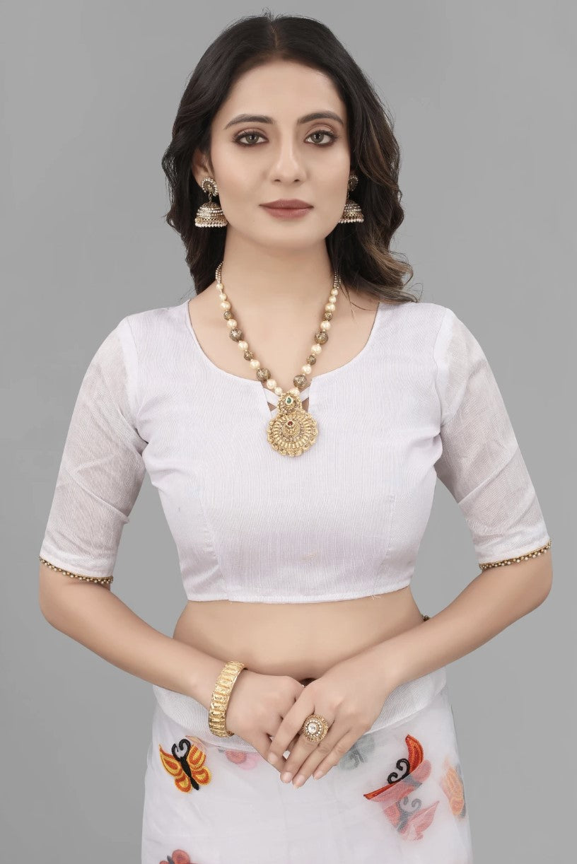 White Net Embroidery Saree for Women with Lace Border | Art Silk Blouse Piece