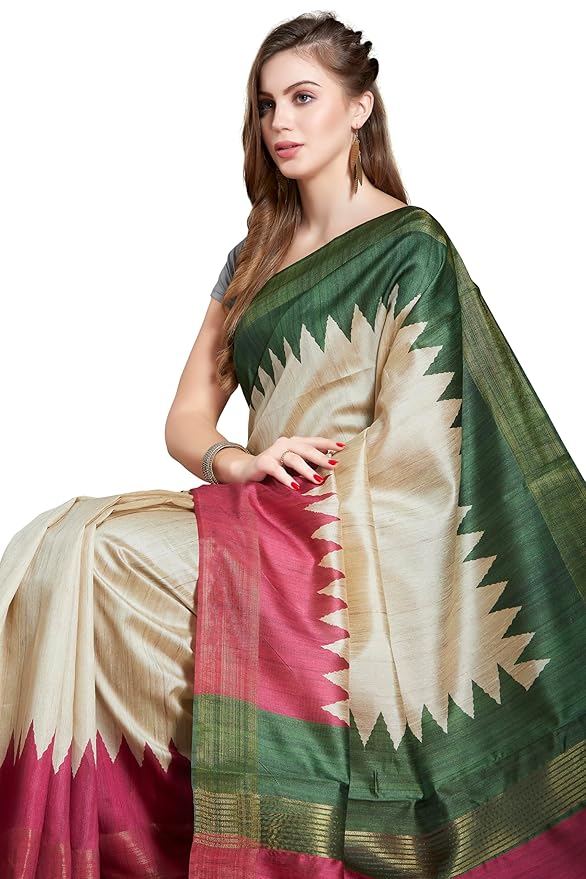 Tussar Silk Printed Saree for Women |Beige and Magenta | Zari Border with Tassels