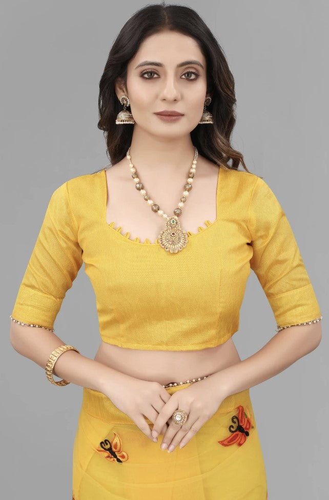 Yellow Net Saree for Women | Butterfly Applique Embroidery with Lace Border