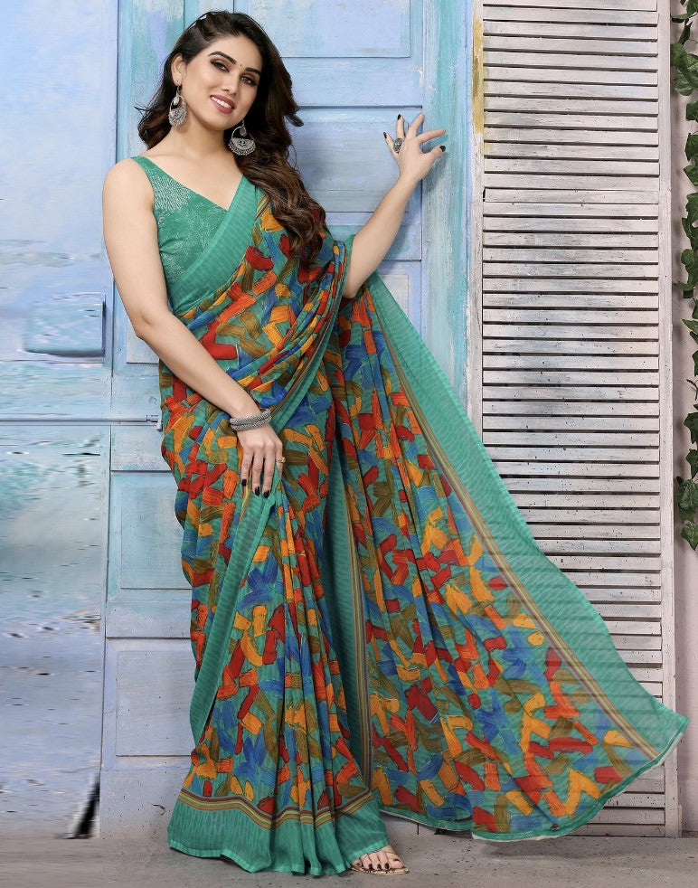 Green Georgette Saree for Women | Printed Floral Botanical Design