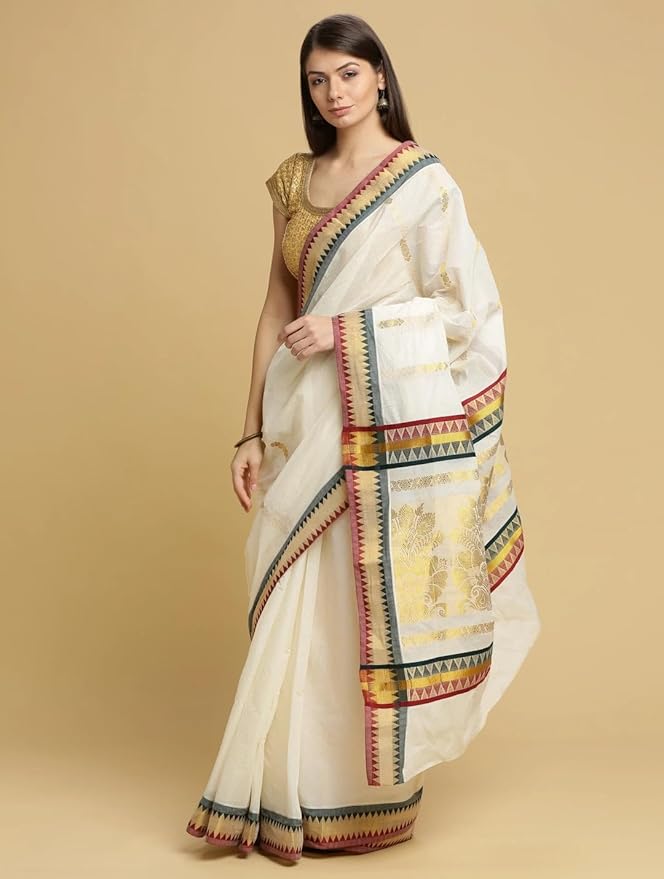 Cotton Kasavu Saree for Women | Traditional Tower Border | With Blouse Piece