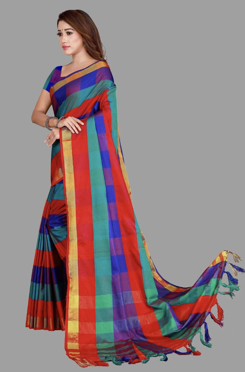 Multicolor Cotton Silk Saree for Women | Checkered Design with Gold Border