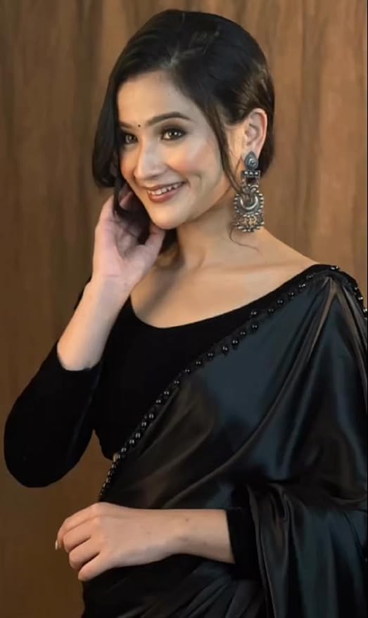 Ready to Wear Satin Silk Black Saree for Women | Embroidered Design with Velvet Blouse