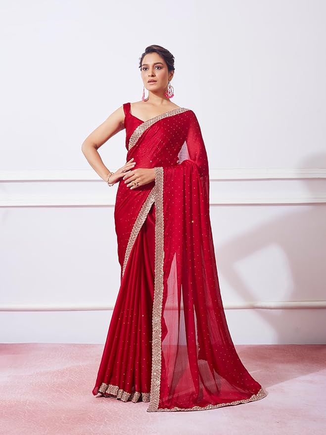 Organza Ruffle Frill Saree for Women | Crush Pattern with Sequence Work | With Blouse Piece