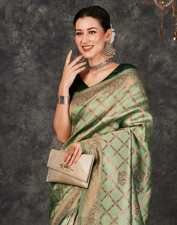 Silk Jacquard Saree for Women | Traditional Woven Design | Pista Green with Dark Green Blouse