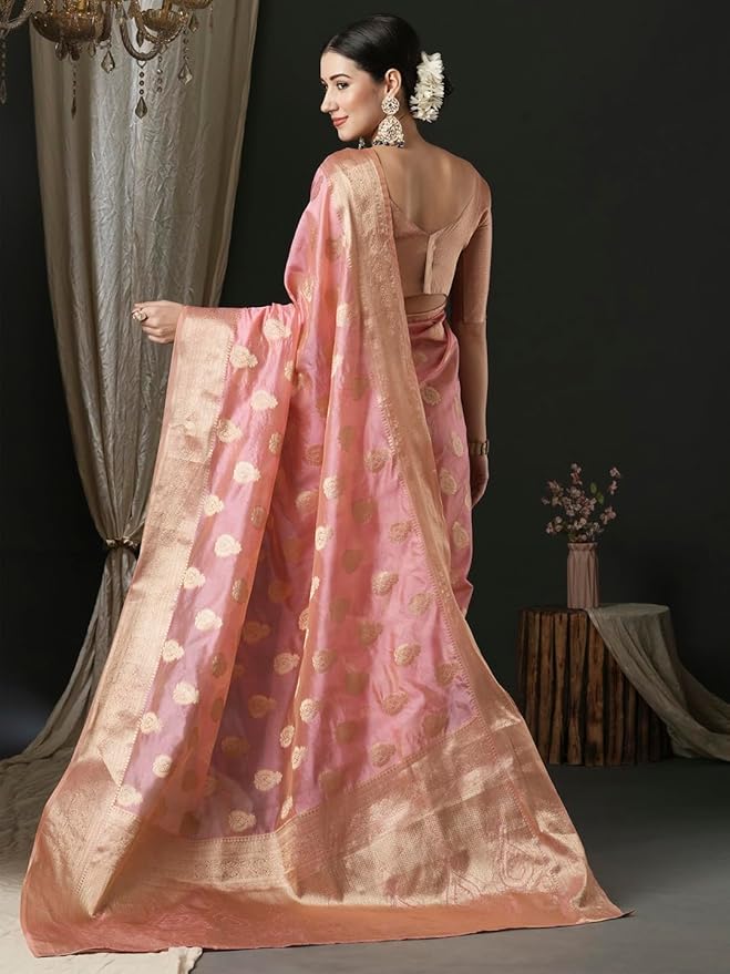 Organza Saree for Women | Zari Woven Ethnic Motif Design | Pink with Banarasi Silk Blouse