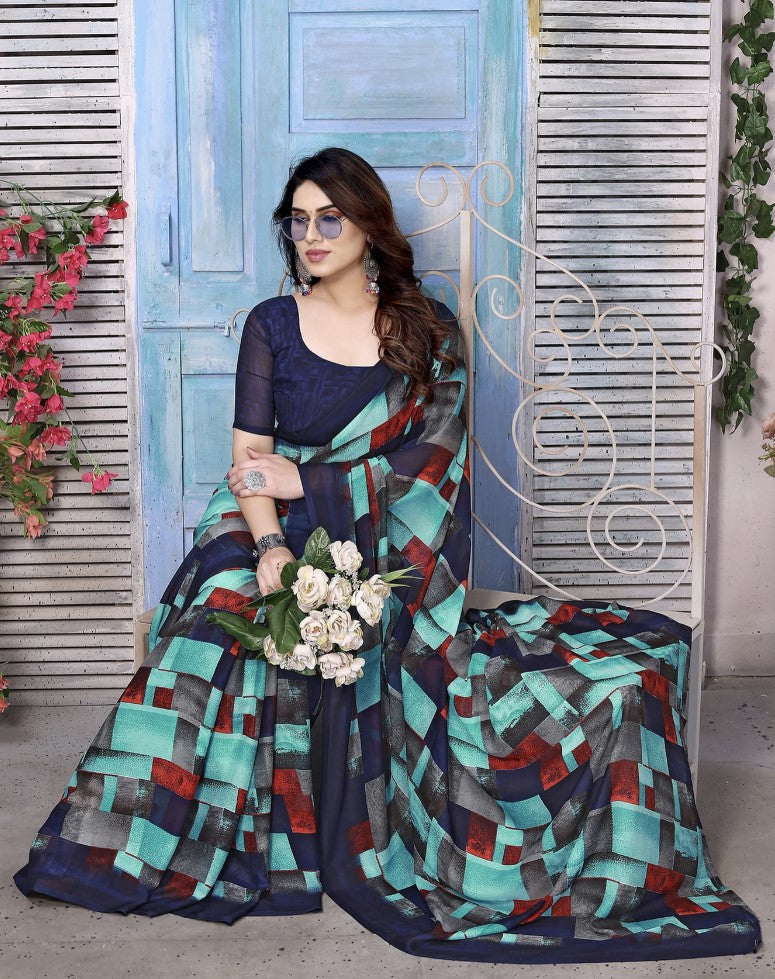 Multicolor Georgette Saree for Women | Floral and Geometric Printed Design
