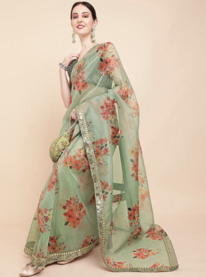 Olive Green and Red Organza Saree for Women | Floral Embellished Design with Sequins