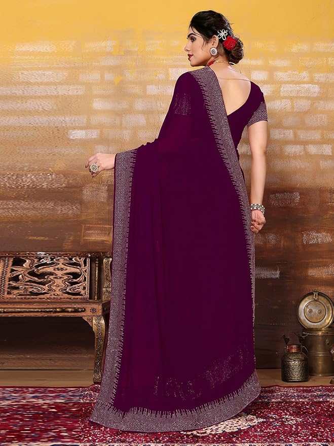 Georgette Saree for Women | Hot Fixing Design | Wine with Matching Blouse