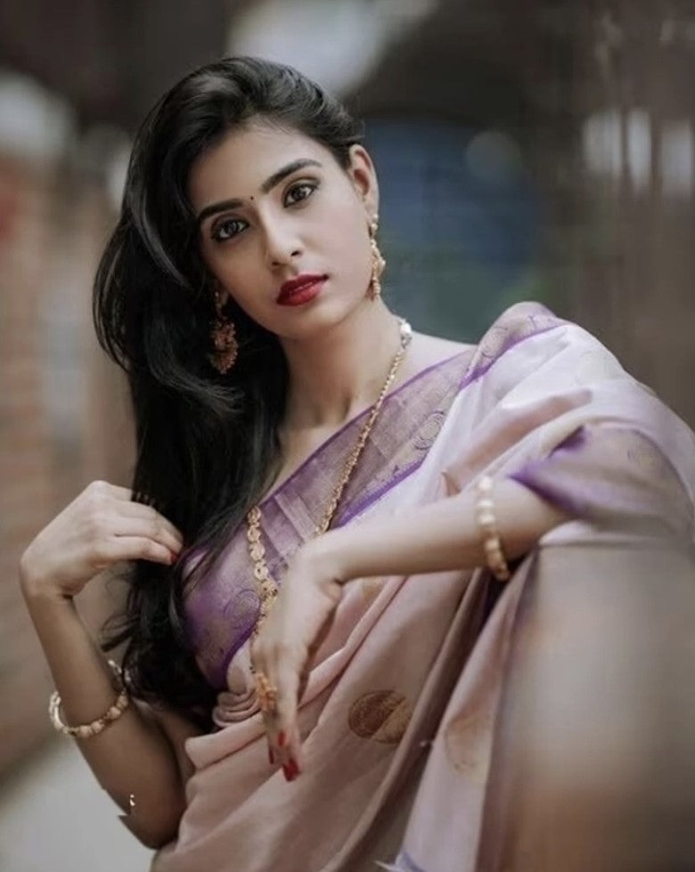 Purple Kanjivaram Silk Saree for Women | Zari Woven Design with Gold Border