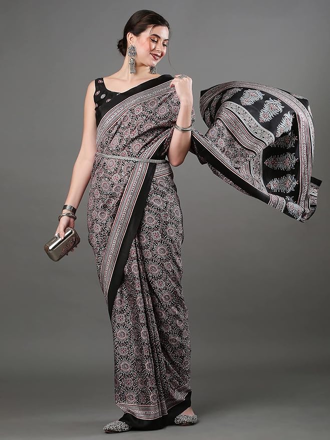 Dola Silk Saree for Women | Ajrak Block Print Design | Black with Floral Blouse