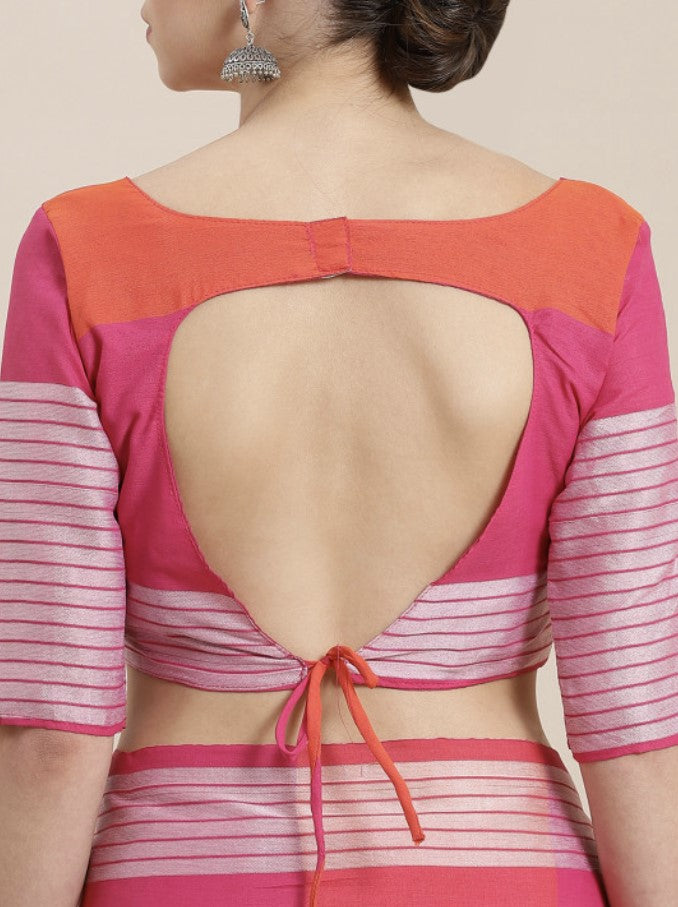 Pink and Orange Silk Cotton Saree for Women | Checked Design with Woven Border and Tassels