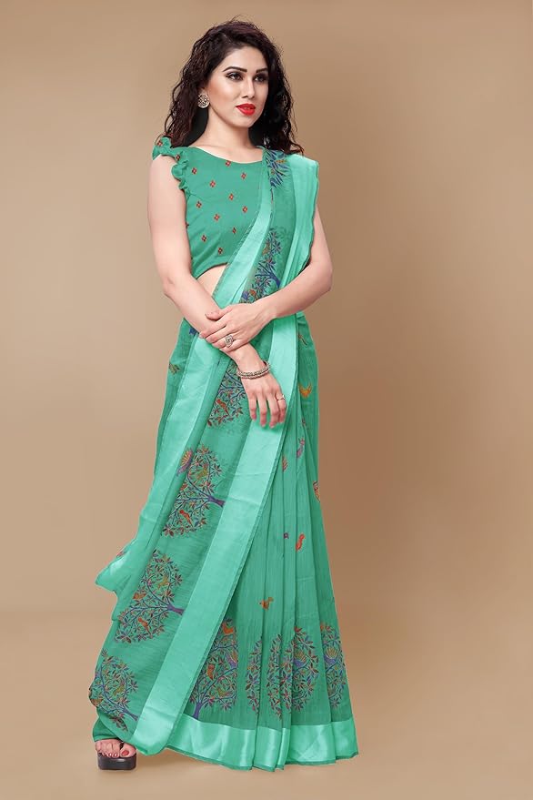 Cotton Blend Saree for Women | Madhubani Forest Print with Satin Woven Border | Teal
