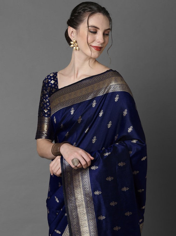 Navy Blue and Gold Banarasi Silk Blend Saree for Women