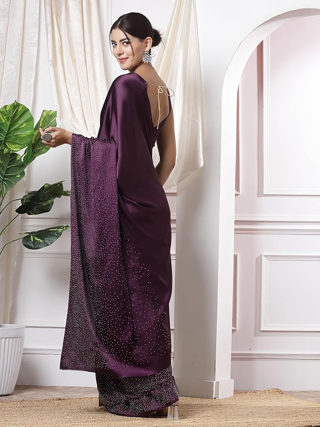 Satin Silk Saree for Women | Hot Fixing Design | Wine with Matching Blouse