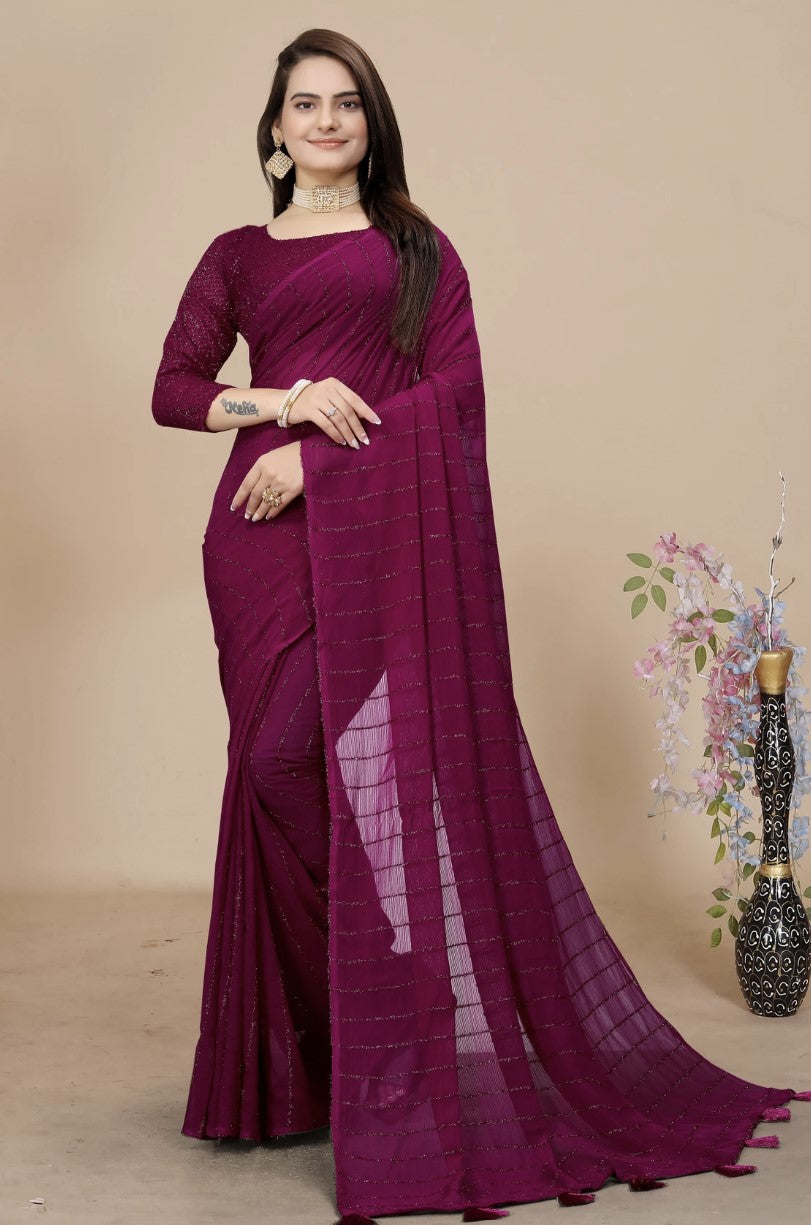 Wine Chiffon Saree for Women | Ruffle Border Self Design