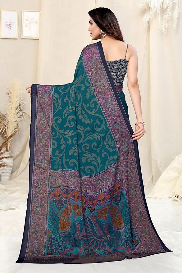 Printed Chiffon Saree for Women | Contrast Border | Peacock Pallu